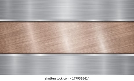 Background consisting of a bronze shiny metallic surface and two horizontal polished silver plates located above and below, with a metal texture, glares and burnished edges