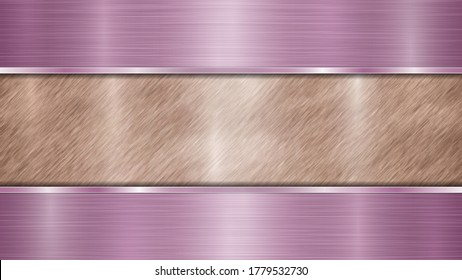 Background consisting of a bronze shiny metallic surface and two horizontal polished purple plates located above and below, with a metal texture, glares and burnished edges