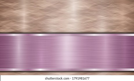 Background consisting of a bronze shiny metallic surface and one horizontal polished purple plate located below, with a metal texture, glares and burnished edges