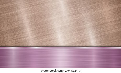 Background consisting of a bronze shiny metallic surface and one horizontal polished purple plate located below, with a metal texture, glares and burnished edges