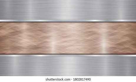 Fondo formado por una superficie metálica brillante de bronce y dos placas de plata pulida horizontales situadas por encima y por debajo, con textura metálica, bombillas y bordes bruñidos