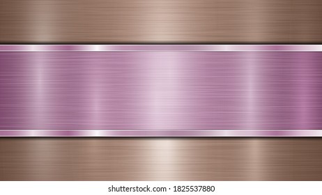 Background consisting of a bronze shiny metallic surface and one horizontal polished purple plate located centrally, with a metal texture, glares and burnished edges