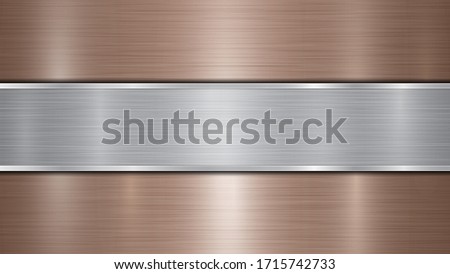 Background consisting of a bronze shiny metallic surface and one horizontal polished silver plate located centrally, with a metal texture, glares and burnished edges