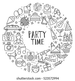 Background consisting of contour icons on the theme parties and celebrations. Arranged in a circle.