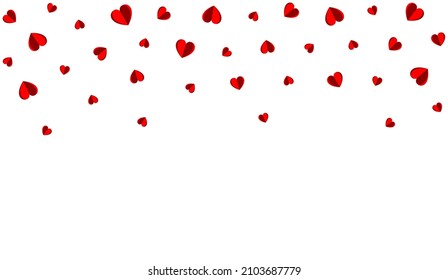 Background consisting of falling, flying small red hearts on a white background, isolated hearts on a white background. Background for lovers, for Valentine's Day. 
