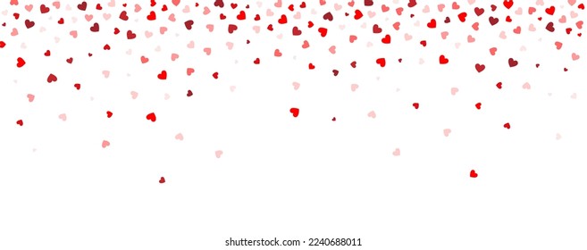 Background consisting of falling, flying small red hearts on a white background. Background for lovers, for Valentine's Day, wedding. Heart pattern, confetti.