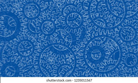 Background consisting of gears. Blueprint Style. 3D Rendering Vector Illustration. Architecture Design Background