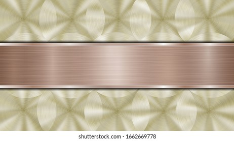 Background consisting of a golden shiny metallic surface and one horizontal polished bronze plate located centrally, with a metal texture, glares and burnished edges