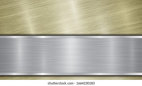 Background consisting of a golden shiny metallic surface and one horizontal polished silver plate located below, with a metal texture, glares and burnished edges