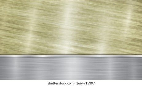 Background consisting of a golden shiny metallic surface and one horizontal polished silver plate located below, with a metal texture, glares and burnished edges