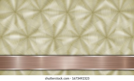 Background consisting of a golden shiny metallic surface and one horizontal polished bronze plate located below, with a metal texture, glares and burnished edges
