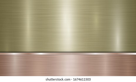 Fondo formado por una superficie metálica brillante dorada y una plancha horizontal pulida de bronce situada más abajo, con una textura metálica, bombillas y bordes quemados