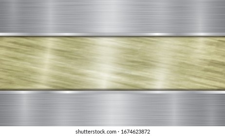 Background consisting of a golden shiny metallic surface and two horizontal polished silver plates located above and below, with a metal texture, glares and burnished edges