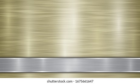 Background consisting of a golden shiny metallic surface and one horizontal polished silver plate located below, with a metal texture, glares and burnished edges