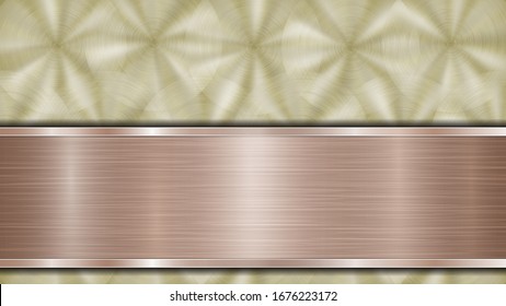 Background consisting of a golden shiny metallic surface and one horizontal polished bronze plate located below, with a metal texture, glares and burnished edges