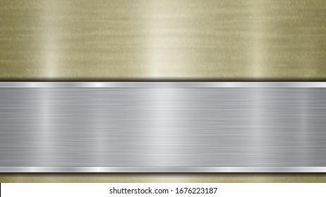 Background consisting of a golden shiny metallic surface and one horizontal polished silver plate located below, with a metal texture, glares and burnished edges