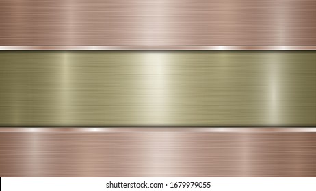 Background consisting of a golden shiny metallic surface and two horizontal polished bronze plates located above and below, with a metal texture, glares and burnished edges