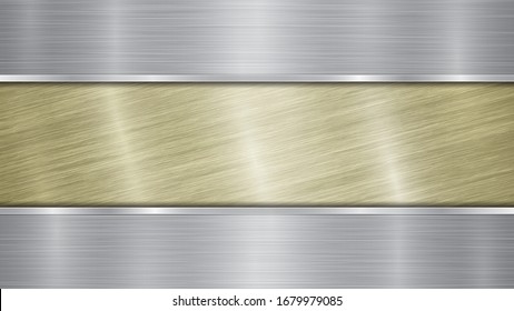 Background consisting of a golden shiny metallic surface and two horizontal polished silver plates located above and below, with a metal texture, glares and burnished edges