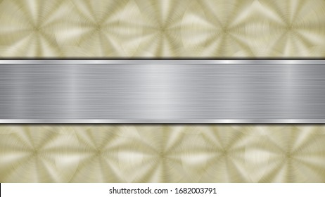 Background consisting of a golden shiny metallic surface and one horizontal polished silver plate located centrally, with a metal texture, glares and burnished edges