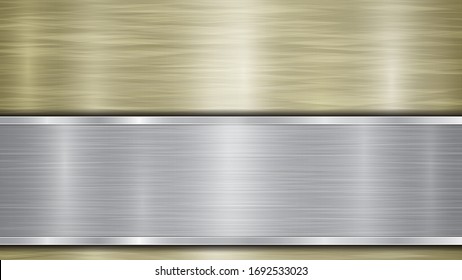Background consisting of a golden shiny metallic surface and one horizontal polished silver plate located below, with a metal texture, glares and burnished edges