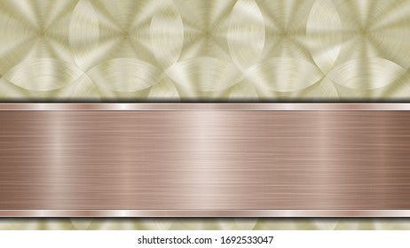 Background consisting of a golden shiny metallic surface and one horizontal polished bronze plate located below, with a metal texture, glares and burnished edges