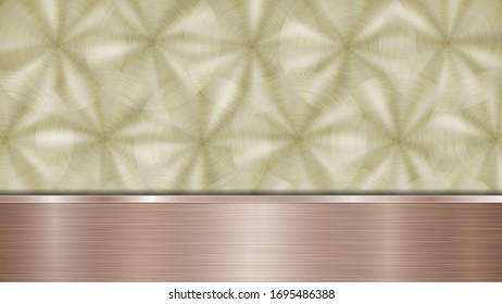 Background consisting of a golden shiny metallic surface and one horizontal polished bronze plate located below, with a metal texture, glares and burnished edges