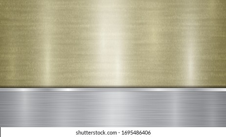 Background consisting of a golden shiny metallic surface and one horizontal polished silver plate located below, with a metal texture, glares and burnished edges