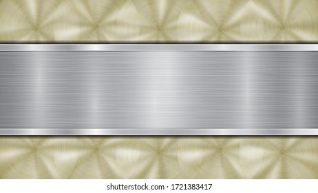 Background consisting of a golden shiny metallic surface and one horizontal polished silver plate located centrally, with a metal texture, glares and burnished edges