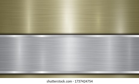 Background consisting of a golden shiny metallic surface and one horizontal polished silver plate located below, with a metal texture, glares and burnished edges