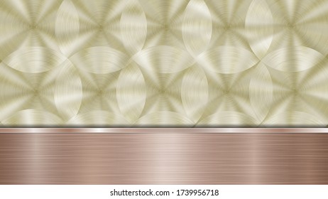Background consisting of a golden shiny metallic surface and one horizontal polished bronze plate located below, with a metal texture, glares and burnished edges