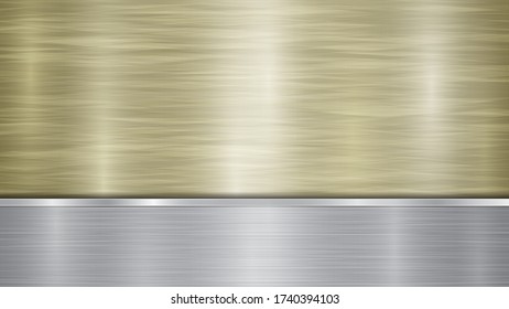 Background consisting of a golden shiny metallic surface and one horizontal polished silver plate located below, with a metal texture, glares and burnished edges