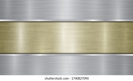 Background consisting of a golden shiny metallic surface and two horizontal polished silver plates located above and below, with a metal texture, glares and burnished edges
