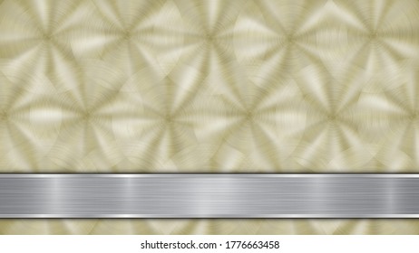 Background consisting of a golden shiny metallic surface and one horizontal polished silver plate located below, with a metal texture, glares and burnished edges