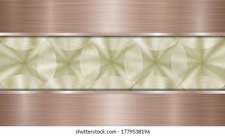 Background consisting of a golden shiny metallic surface and two horizontal polished bronze plates located above and below, with a metal texture, glares and burnished edges