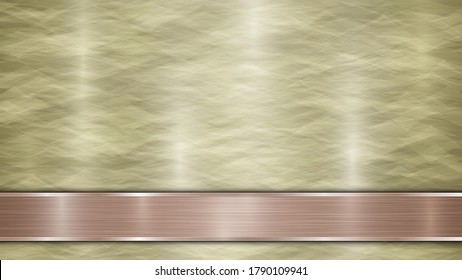 Background consisting of a golden shiny metallic surface and one horizontal polished bronze plate located below, with a metal texture, glares and burnished edges