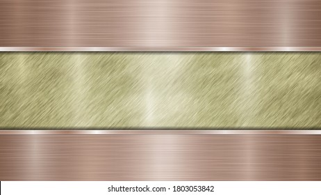 Background consisting of a golden shiny metallic surface and two horizontal polished bronze plates located above and below, with a metal texture, glares and burnished edges