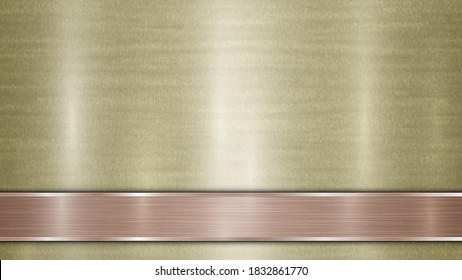 Background consisting of a golden shiny metallic surface and one horizontal polished bronze plate located below, with a metal texture, glares and burnished edges