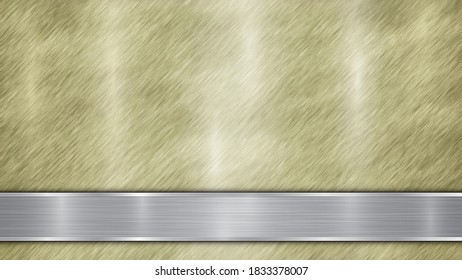 Background consisting of a golden shiny metallic surface and one horizontal polished silver plate located below, with a metal texture, glares and burnished edges