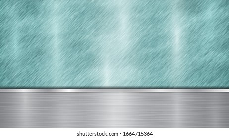 Background consisting of a light blue shiny metallic surface and one horizontal polished silver plate located below, with a metal texture, glares and burnished edges