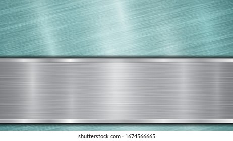 Background consisting of a light blue shiny metallic surface and one horizontal polished silver plate located below, with a metal texture, glares and burnished edges