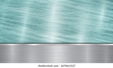 Background consisting of a light blue shiny metallic surface and one horizontal polished silver plate located below, with a metal texture, glares and burnished edges