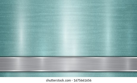 Background consisting of a light blue shiny metallic surface and one horizontal polished silver plate located below, with a metal texture, glares and burnished edges