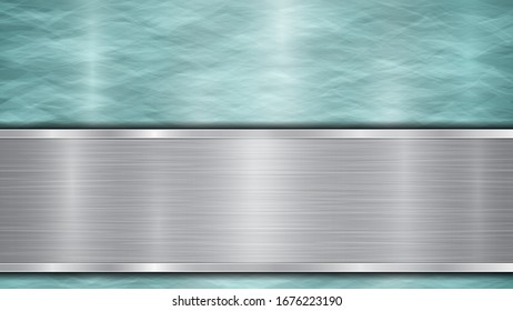 Background consisting of a light blue shiny metallic surface and one horizontal polished silver plate located below, with a metal texture, glares and burnished edges