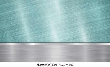 Background consisting of a light blue shiny metallic surface and one horizontal polished silver plate located below, with a metal texture, glares and burnished edges
