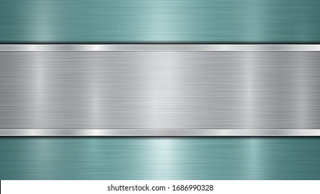 Background consisting of a light blue shiny metallic surface and one horizontal polished silver plate located centrally, with a metal texture, glares and burnished edges