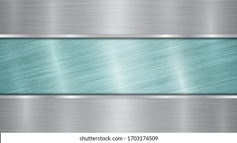 Background consisting of a light blue shiny metallic surface and two horizontal polished silver plates located above and below, with a metal texture, glares and burnished edges