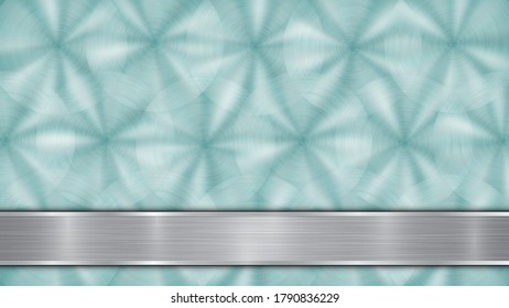 Background consisting of a light blue shiny metallic surface and one horizontal polished silver plate located below, with a metal texture, glares and burnished edges