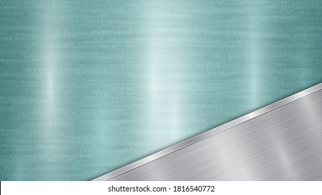 Hintergrund, bestehend aus einer hellblauen glänzenden metallischen Oberfläche und einer polierten silbernen Platte in einer Ecke, mit einer Metallstruktur, Glares und einer verbrannten Kante