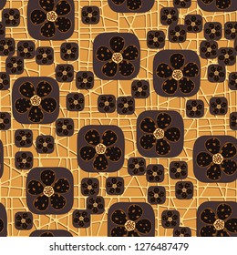 Background consisting of a pseudo-convex lattice. Seamless pattern. Flowers enclosed in oval squares. The colors of gold. 