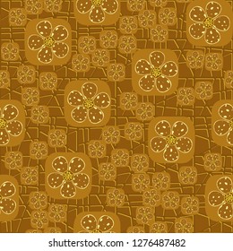 Background consisting of a pseudo-convex lattice. Seamless pattern. Flowers enclosed in oval squares. The colors of gold. 